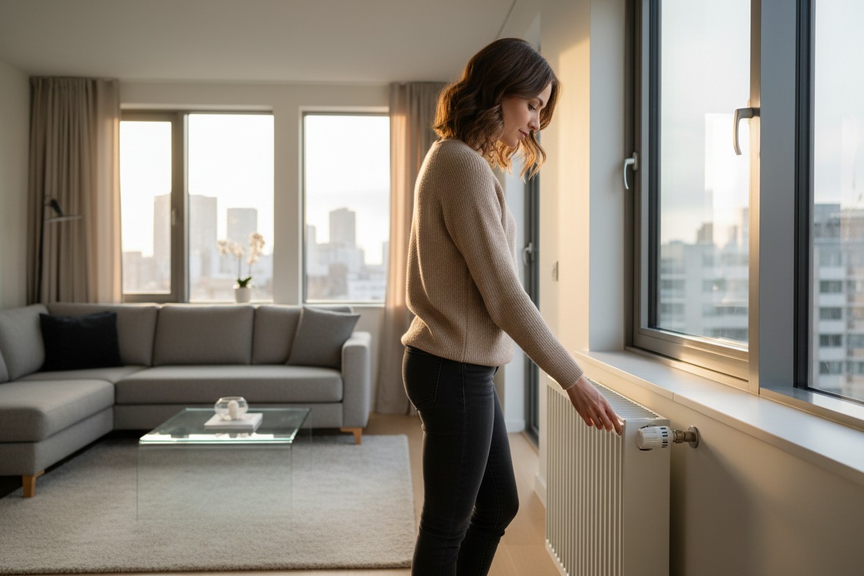 Eine Frau in einem hellen Pullover steht in einem modernen Wohnzimmer und reguliert das Thermostat eines weißen Heizkörpers unter dem Fenster.